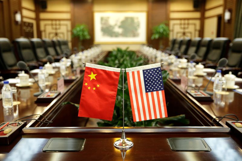 &copy; Reuters. Flags of U.S. and China are placed for a meeting between Secretary of Agriculture Sonny Perdue and China&apos;s Minister of Agriculture Han Changfu in Beijing
