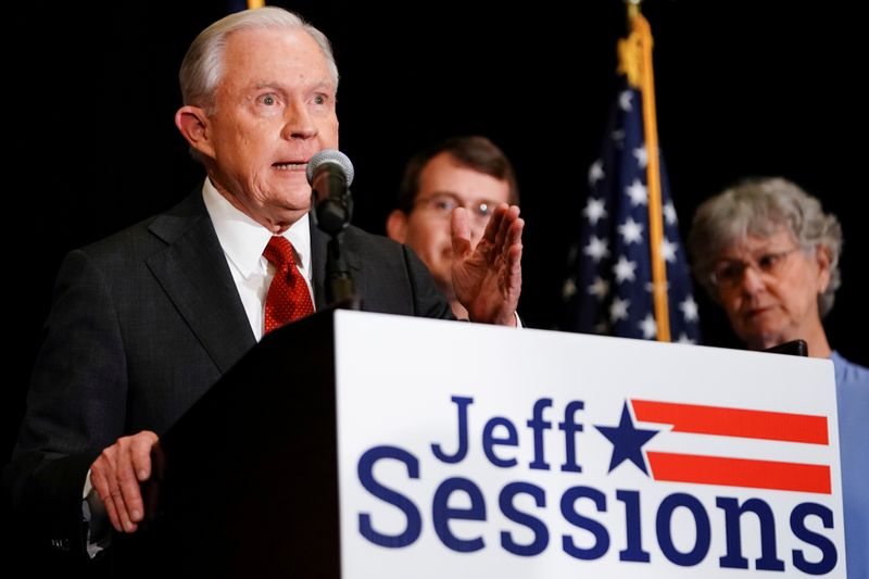 &copy; Reuters. FILE PHOTO: Former U.S. Attorney General Jeff Sessions and Republican senate candidate speaks in Mobile