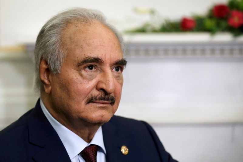 &copy; Reuters. FILE PHOTO: Libyan commander Khalifa Haftar meets Greek Foreign Minister Nikos Dendias at the Foreign Ministry in Athens