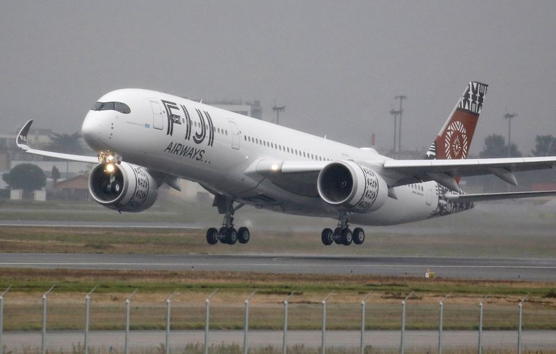 &copy; Reuters. FILE PHOTO: The first Airbus A350 XWB aircraft of Fiji Airways takes off at the aircraft builder&apos;s headquarters of Airbus in Colomiers near Toulouse, France