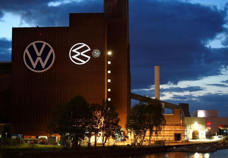&copy; Reuters. FILE PHOTO: A cartoon of a VW logo squashing the coronavirus is displayed on a building at Volkswagen&apos;s headquarters to celebrate the plant&apos;s re-opening during the spread of the coronavirus disease (COVID-19) in Wolfsburg