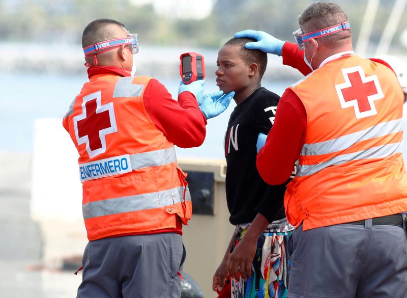 &copy; Reuters. FILE PHOTO: Red Cross members take the temperature of a migrant before disembarking from a Spanish coast guard vessel in the port of Arguineguin on the island of Gran Canaria