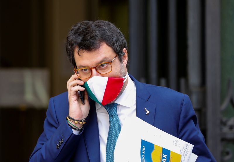 &copy; Reuters. FILE PHOTO: Leader of Italy&apos;s far-right party Matteo Salvini wearing a protective face mask, leaves the Senate as the spread of the coronavirus disease (COVID-19) continues, in Rome