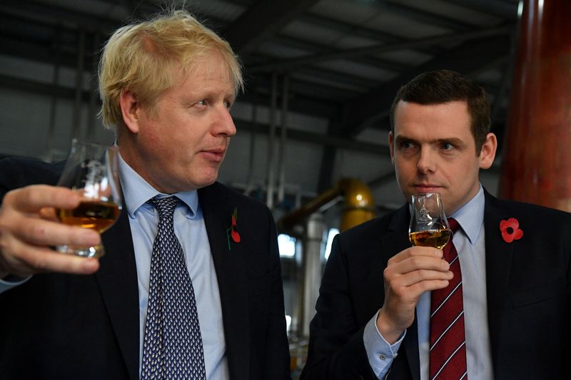 &copy; Reuters. FOTO DE ARCHIVO: El primer ministro de Reino Unido Boris Johnson, (I), acompañado por el candidato del partido conservador de Moray, Douglas Ross, en Escocia, Reino Unido, el 7 de noviembre de 2019