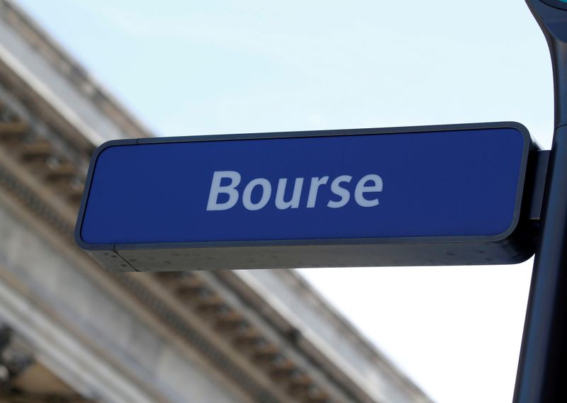 &copy; Reuters. FILE PHOTO: The word Bourse is seen on a sign near the Palais Brongniart, former Paris Stock Exchange, located Place de la Bourse in Paris
