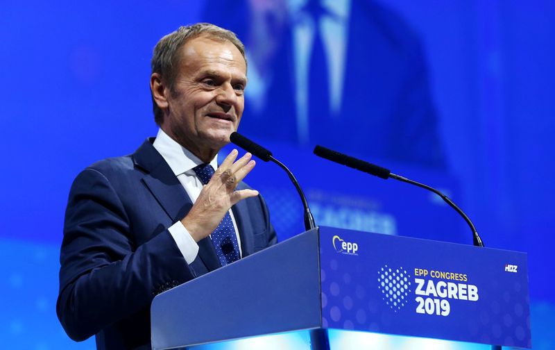 &copy; Reuters. FILE PHOTO: Newly elected President of EPP Donald Tusk speaks during the EPP congress in Arena Zagreb hall in Zagreb