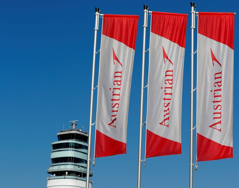 &copy; Reuters. The tower and flags of Lufthansa unit Austrian Airlines are seen at Vienna International Airport in Schwechat