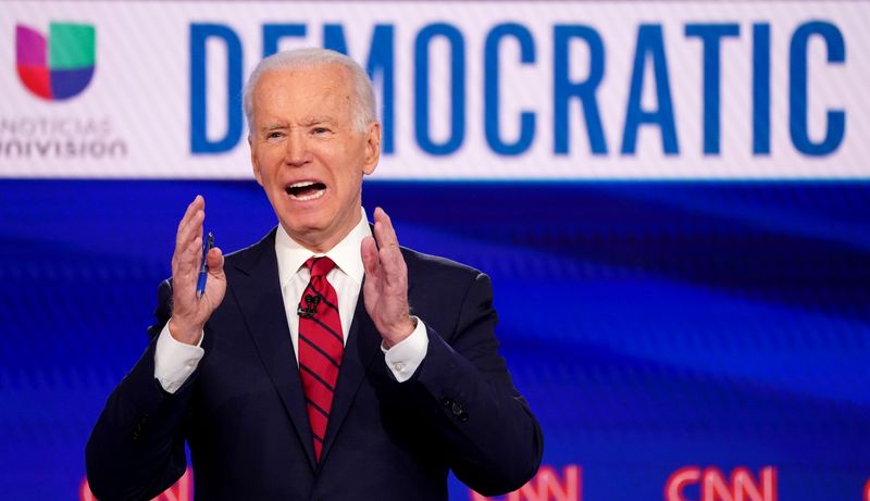 &copy; Reuters. FILE PHOTO: Democratic U.S. presidential candidate and former Vice President Joe Biden speaks at the 11th Democratic candidates debate of the 2020 U.S. presidential campaign in Washington