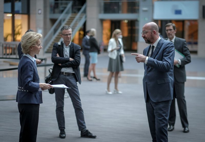 &copy; Reuters. FILE PHOTO: News conference after a video conferenced EU summit with European heads of state, in Brussels