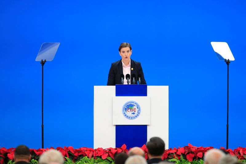 &copy; Reuters. FILE PHOTO: Serbian Prime Minister Ana Brnabic delivers a speech at the opening ceremony of the second China International Import Expo (CIIE) in Shanghai