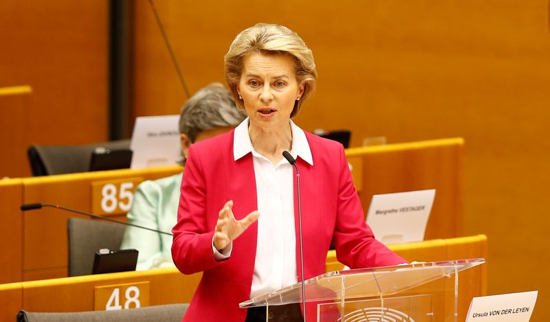 &copy; Reuters. European Commission President Ursula von der Leyen addresses the Plenary of the European Parliament, amid the coronavirus disease (COVID-19) outbreak, in Brussels