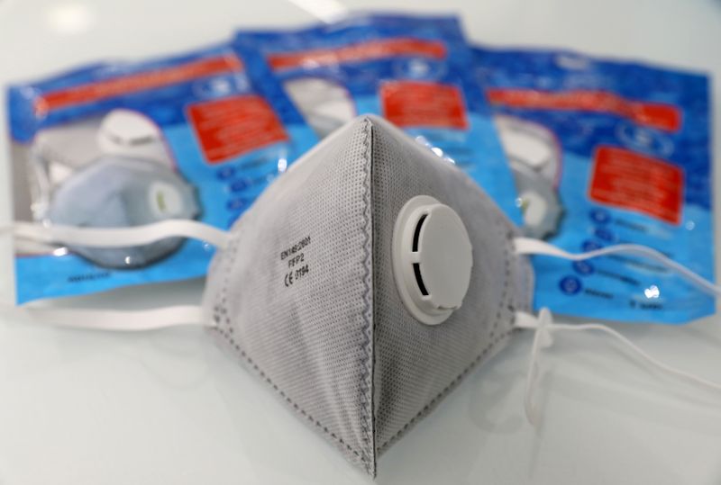 &copy; Reuters. FILE PHOTO: Protection class FFP2 respirator masks are pictured inside a pharmacy, amid the novel coronavirus outbreak, in Barcelona