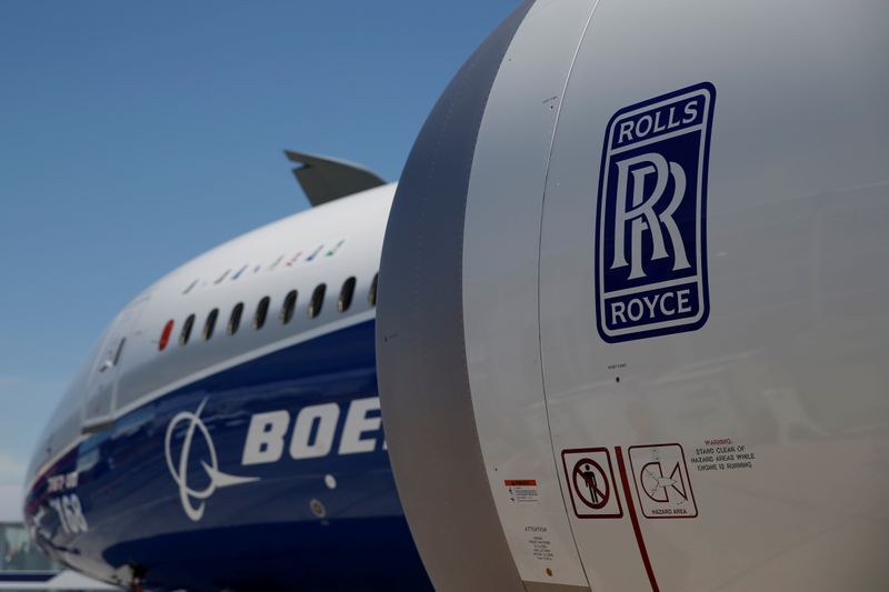 &copy; Reuters. A Rolls Royce jet engine is seen on Boeing 787-10 on the static display during the 52nd Paris Air Show at Le Bourget Airport near Paris