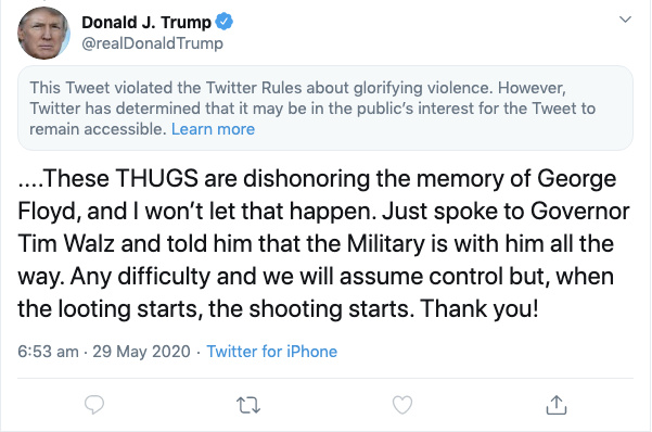 &copy; Reuters. A screenshot of a tweet by U.S. President Donald Trump posted on May 29, 2020