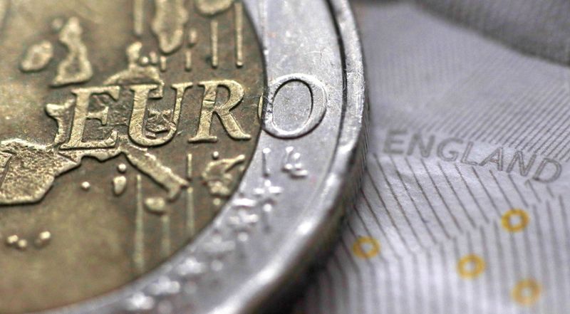 &copy; Reuters. A two Euro coin is pictured next to an English ten Pound note in an illustration