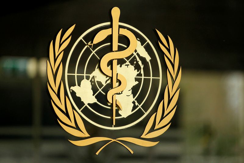 &copy; Reuters. FILE PHOTO: The WHO logo is pictured at the entrance of its headquarters in Geneva