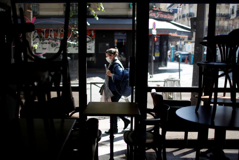 &copy; Reuters. FILE PHOTO: A woman wearing a protective face mask walks past a closed restaurant in Paris