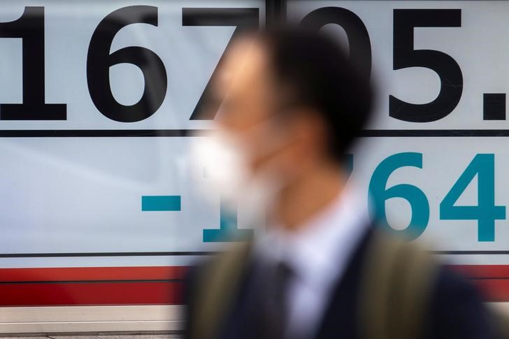 &copy; Reuters. A man wearing a protective face mask walks past a screen showing Nikkei index outside a brokerage in Tokyo