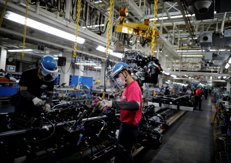 © Reuters. FILE PHOTO: Employees wearing protective face masks and face guards work on the automobile assembly line during the outbreak of the coronavirus disease (COVID-19) at the factory of Mitsubishi Fuso Truck and Bus Corp. in Kawasaki