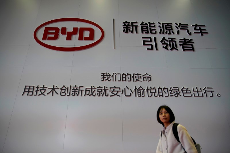 &copy; Reuters. FILE PHOTO: Woman walks past a BYD sign at the second media day for the Shanghai auto show in Shanghai