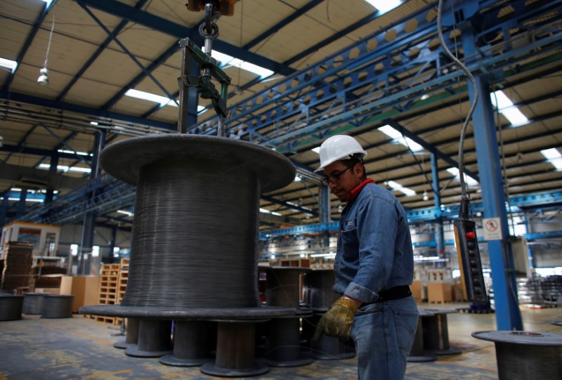 &copy; Reuters. Worker holds stainless steel wire produced at TIM stainless steel wire factory in Huamantla