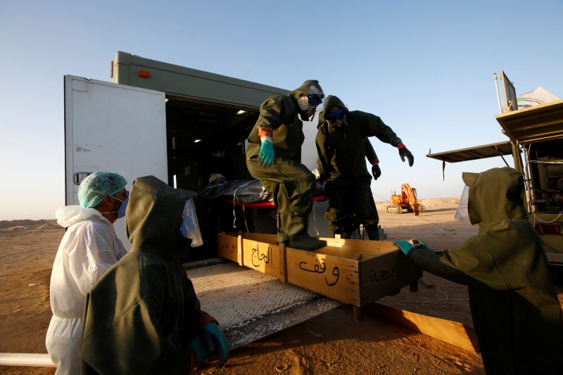 © Reuters. Members of the Popular Mobilization Forces (PMF) bury people who passed away due to coronavirus disease (COVID-19) at the new Wadi Al-Salam cemetery on the outskirts of the holy city of Najaf