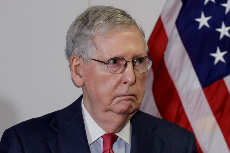 &copy; Reuters. U.S. Senate Majority Leader Mitch McConnell speaks to reporters about coronavirus response following policy lunch in Washington