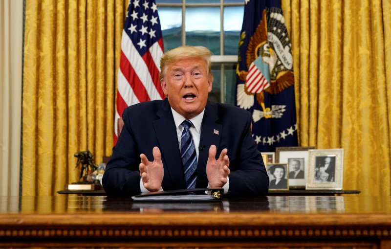 &copy; Reuters. U.S. President Trump speaks about the U.S response to the COVID-19 coronavirus pandemic during an address to the nation from the Oval Office of the White House