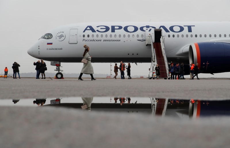 &copy; Reuters. Aeroflot presents its first Airbus A350-900 at Sheremetyevo International Airport outside Moscow