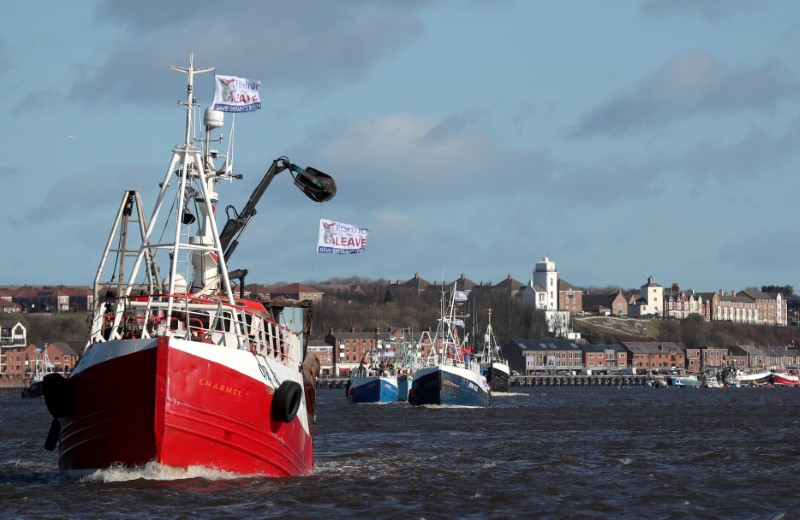 &copy; Reuters. FILE PHOTO: Fishing boats take part in a Brexit flotilla, organised by Fishing For Leave, in Newcastle upon Tyne