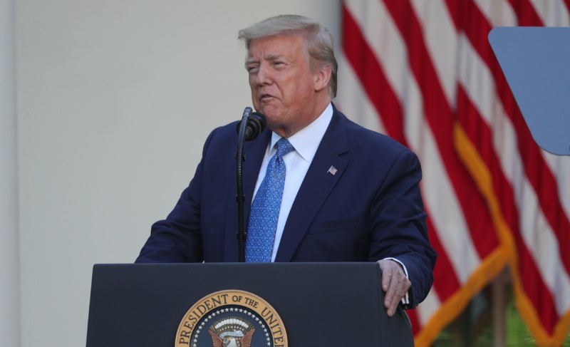 &copy; Reuters. FILE PHOTO:  U.S. President Trump delivers statement on protests over racial inequality at the White House in Washington