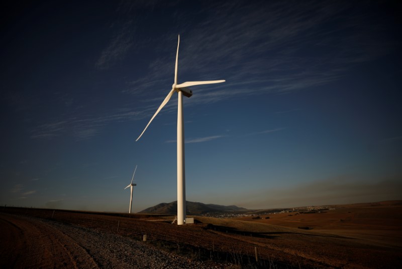 © Reuters. Wind turbines produce renewable energy outside Caledon