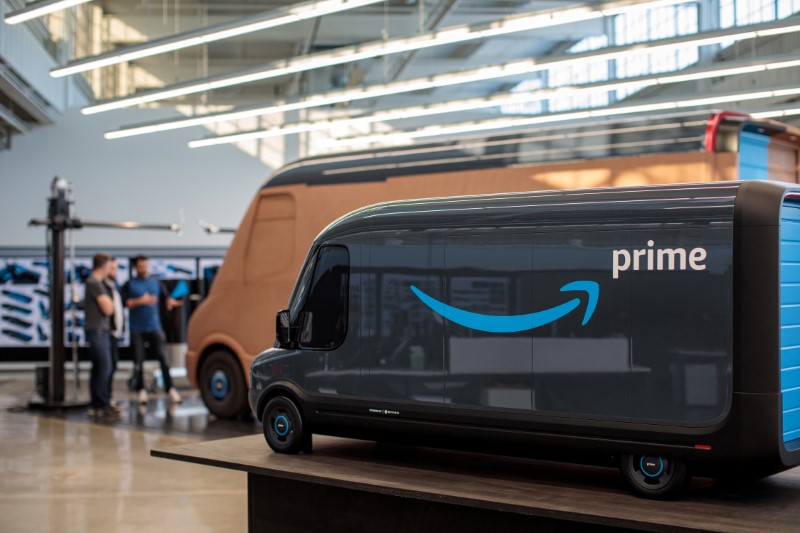 © Reuters. Models of the Rivian-built Amazon electric delivery vans are seen in this handout photo in Plymouth