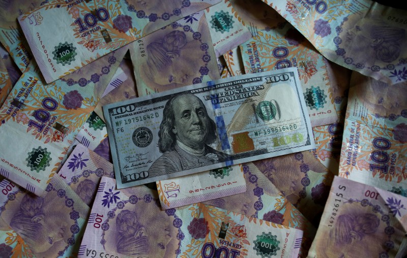 &copy; Reuters. FILE PHOTO: Argentine one hundred peso bills sit underneath United States one hundred dollar bill in this picture illustration