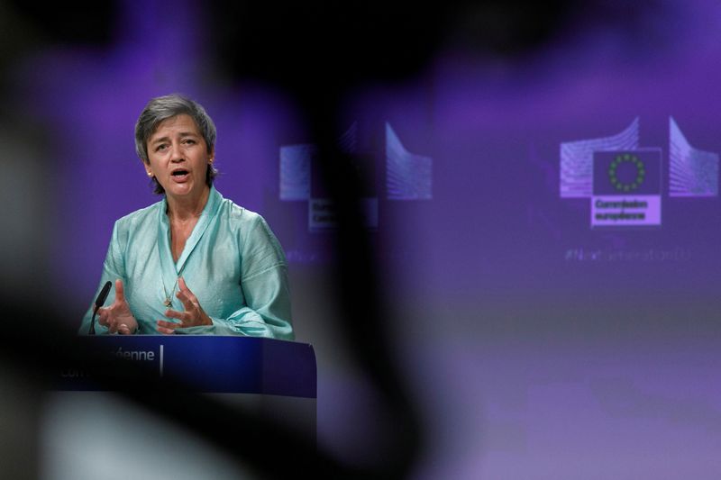 &copy; Reuters. European Commissioner Executive Vice-President Margrethe Vestager speaks during a news conference about the Solvency Support Instrument at EU headquarters in Brussels