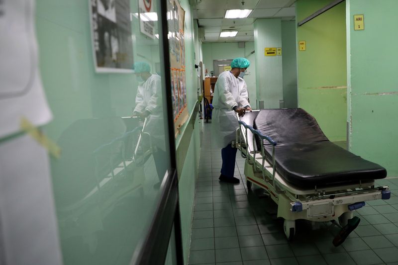 &copy; Reuters. FILE PHOTO: A health worker wearing a protective suit arranges hospital bed at Emergency Department in the Kuala Lumpur Hospital, amid the coronavirus disease (COVID-19) outbreak, in Kuala Lumpu