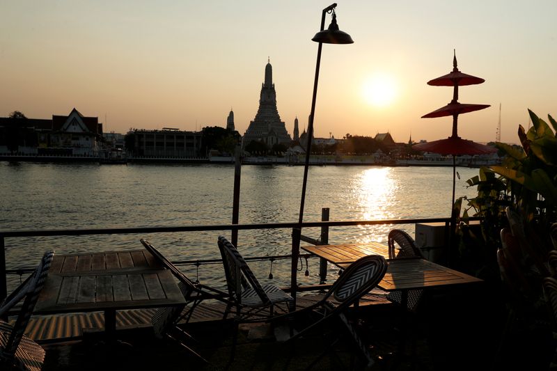 &copy; Reuters. FILE PHOTO: A closed restaurant is seen next to the Chao Phraya river with a view of Wat Arun temple in Bangkok