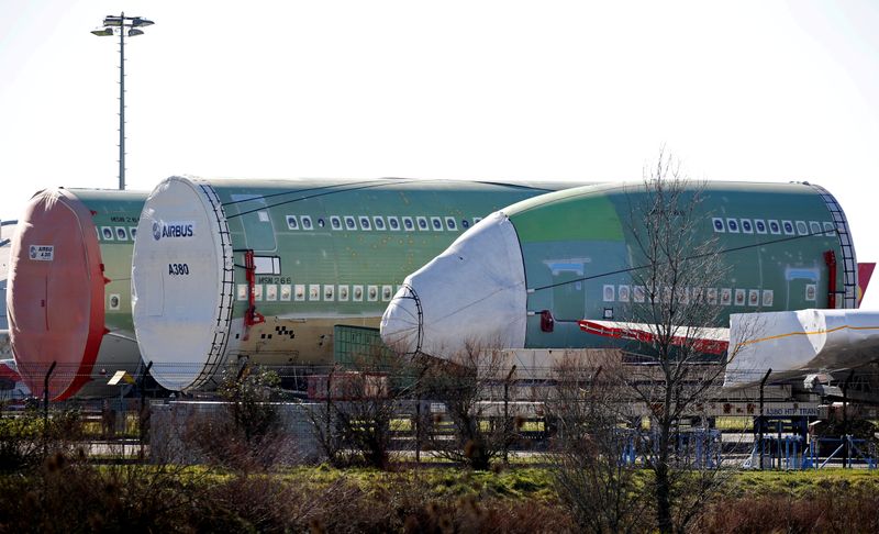 &copy; Reuters. FILE PHOTO: Sections of Airbus A380 are seen outside the final assembly line site at Airbus headquarters in Blagnac