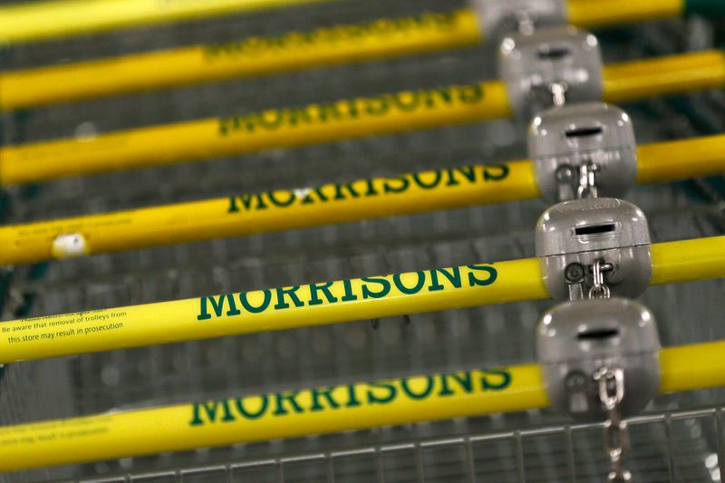 &copy; Reuters. Shopping trolleys are stacked at a Morrisons supermarket store in London