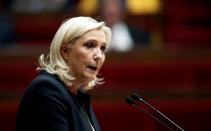 &copy; Reuters. Marine Le Pen, member of parliament and leader of French far-right National Rally (Rassemblement National) party, delivers a speech during a debate on migration at the National Assembly in Paris