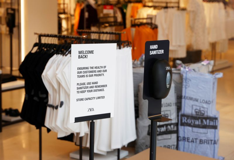 &copy; Reuters. FILE PHOTO: Hand sanitizer seen at a Zara shop in Oxford Street, London, Britain