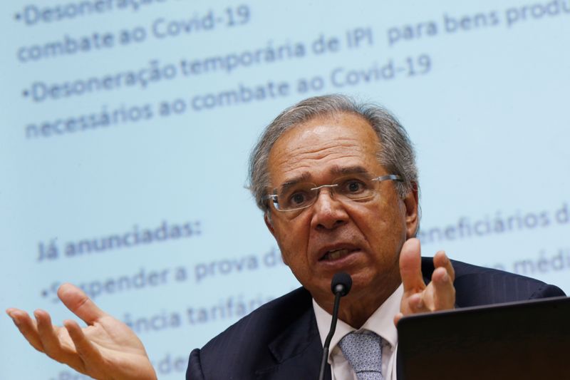 &copy; Reuters. Brazil&apos;s Economy Minister Paulo Guedes speaks during a press conference to announce economic measures due the coronavirus outbreak in Brasilia