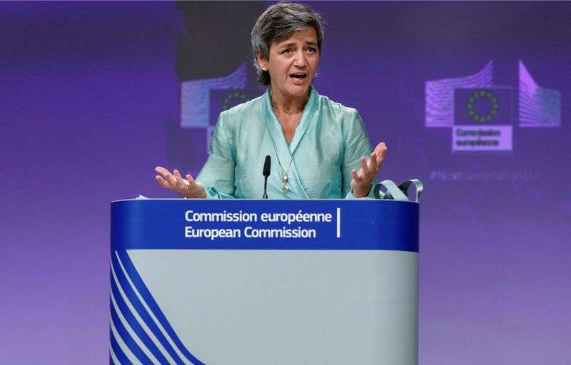 © Reuters. FILE PHOTO: European Commissioner Executive Vice-President Margrethe Vestager speaks during a news conference about the Solvency Support Instrument at EU headquarters in Brussels