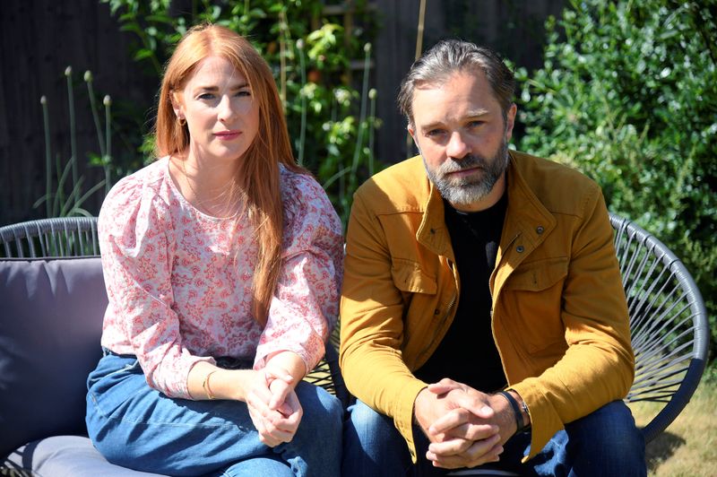 © Reuters. Wife and husband actors, Rosalie Craig and Hadley Fraser, unable to perform in lead roles in the West End musical 'City of Angels', following the outbreak of the coronavirus disease (COVID-19), sit for a portrait in their garden in London, Britain