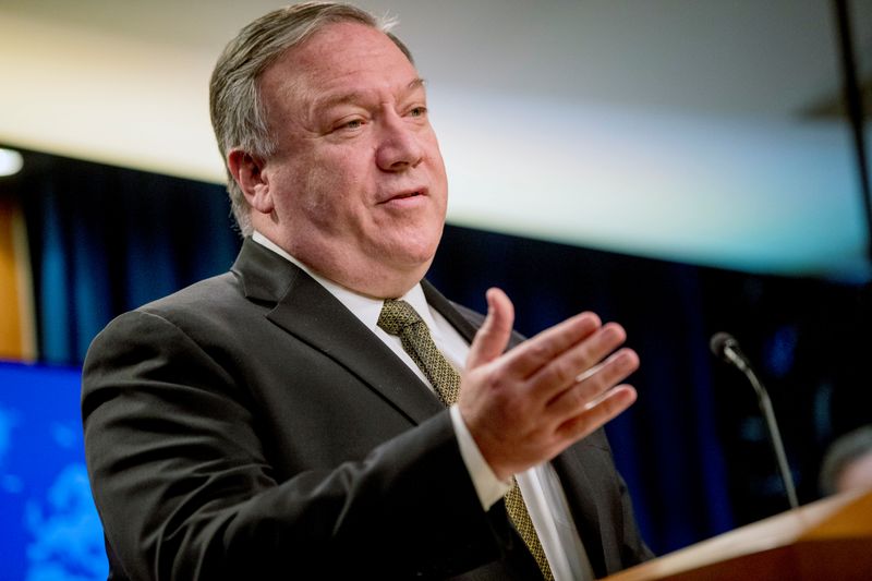 &copy; Reuters. Secretary of State Mike Pompeo speaks during a news conference at the State Department in Washington