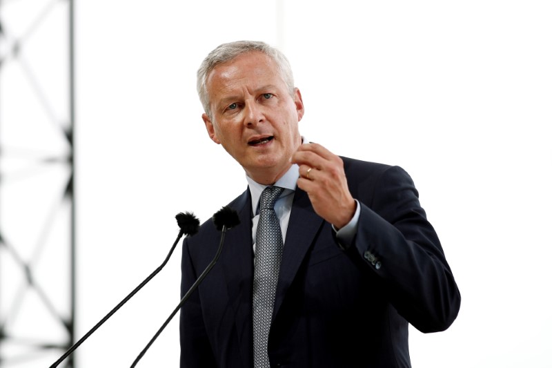 &copy; Reuters. FILE PHOTO: French Finance Minister Bruno Le Maire delivers a speech at the MEDEF union summer forum renamed La Rencontre des Entrepreneurs de France, LaREF, at the Paris Longchamp Racecourse in Paris