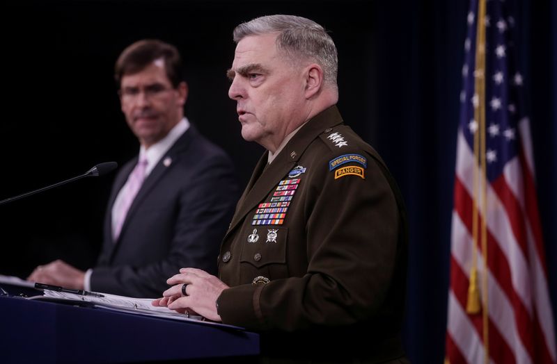 &copy; Reuters. U.S. Defense Secretary Esper and Joint Chiefs Chair Milley hold news conference at Pentagon in Arlington, Virginia