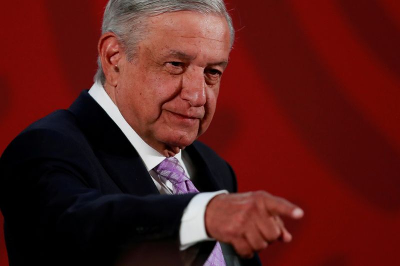 &copy; Reuters. FILE PHOTO: Mexico&apos;s President Andres Manuel Lopez Obrador gestures during a news conference at the National Palace in Mexico City