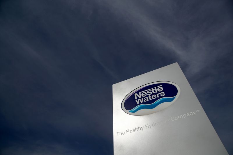 © Reuters. FILE PHOTO: A sign is pictured at Nestle Waters in Henniez