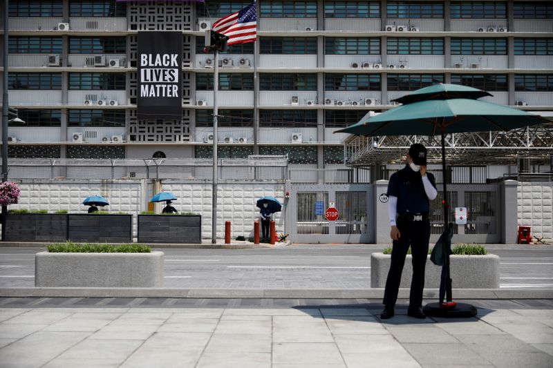 © Reuters. A huge Black Lives Matter banner is seen at the U.S. embassy in Seoul